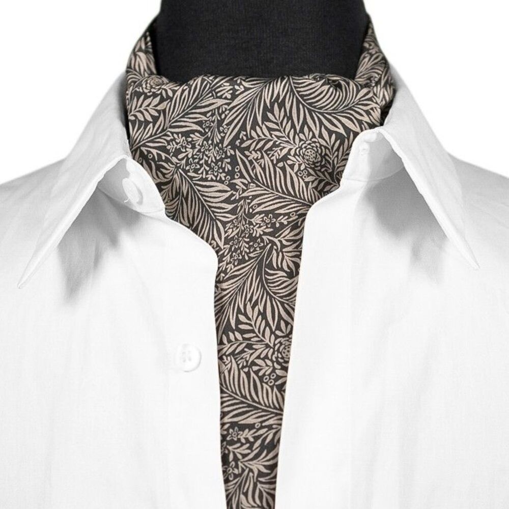 Mens Silk Ascot Cravat Victorian Taupe Cream Floral Formal Wedding Necktie Scarf